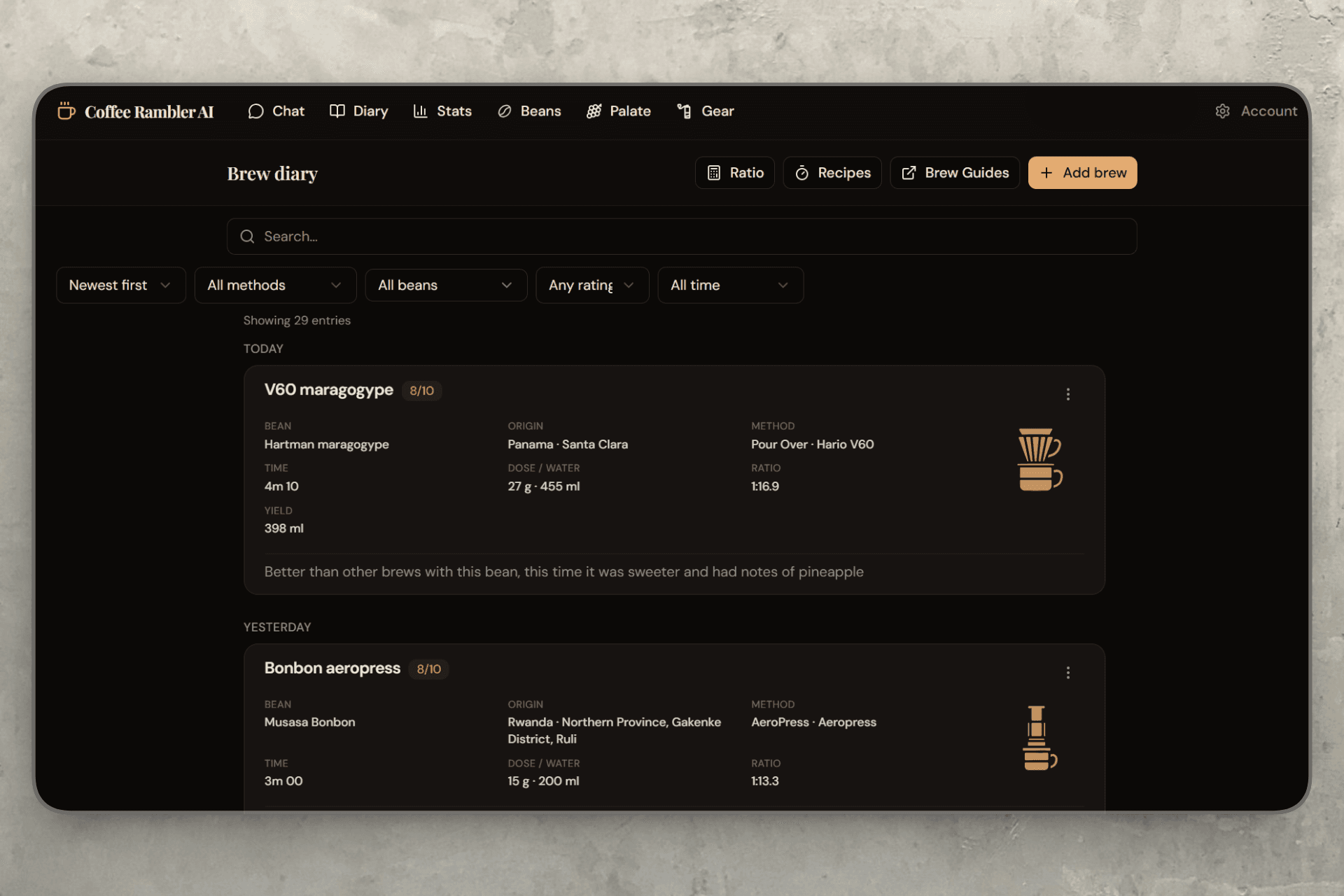Brew diary desktop view