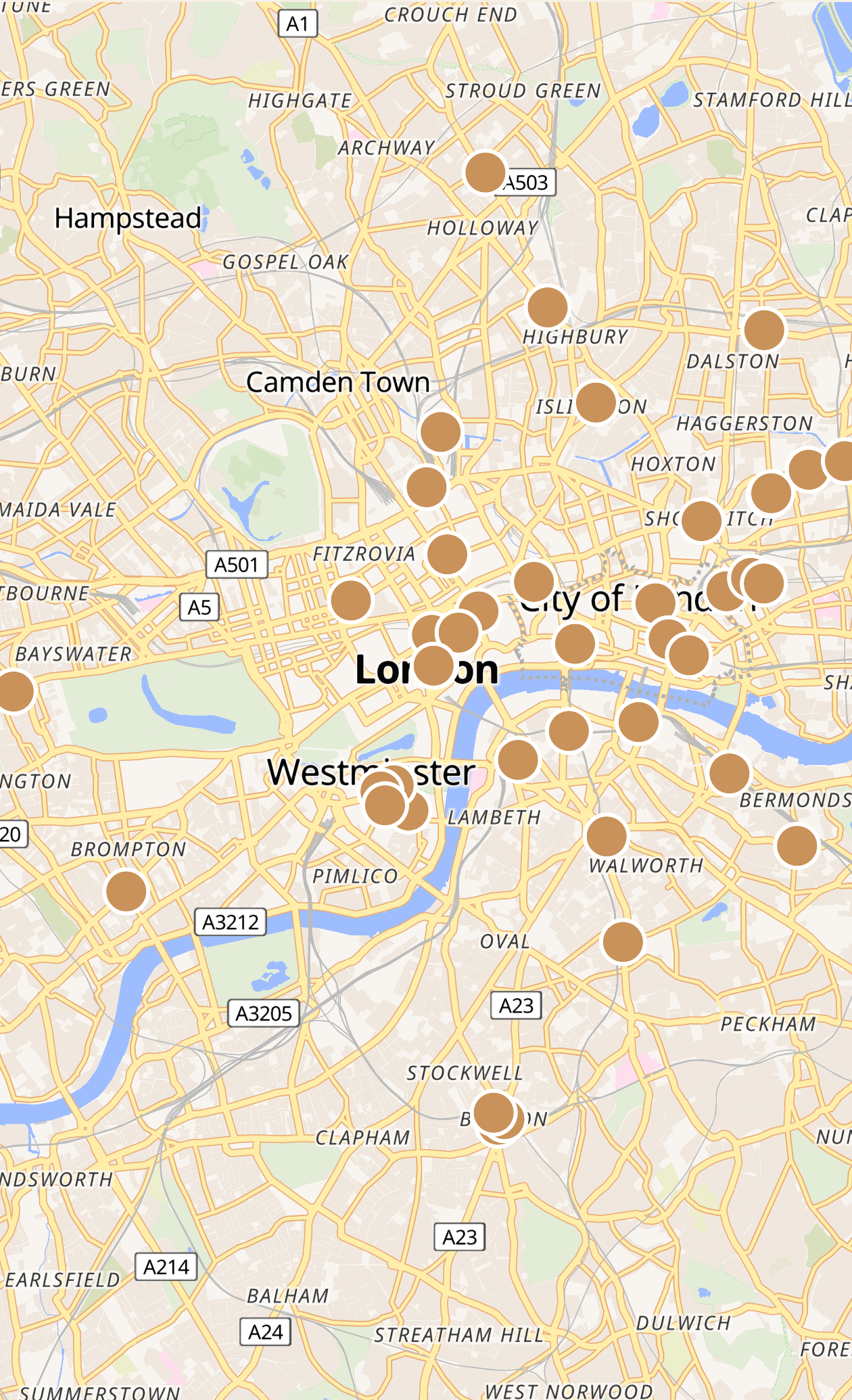London map of independent coffee shops recommended by Coffee Rambler users