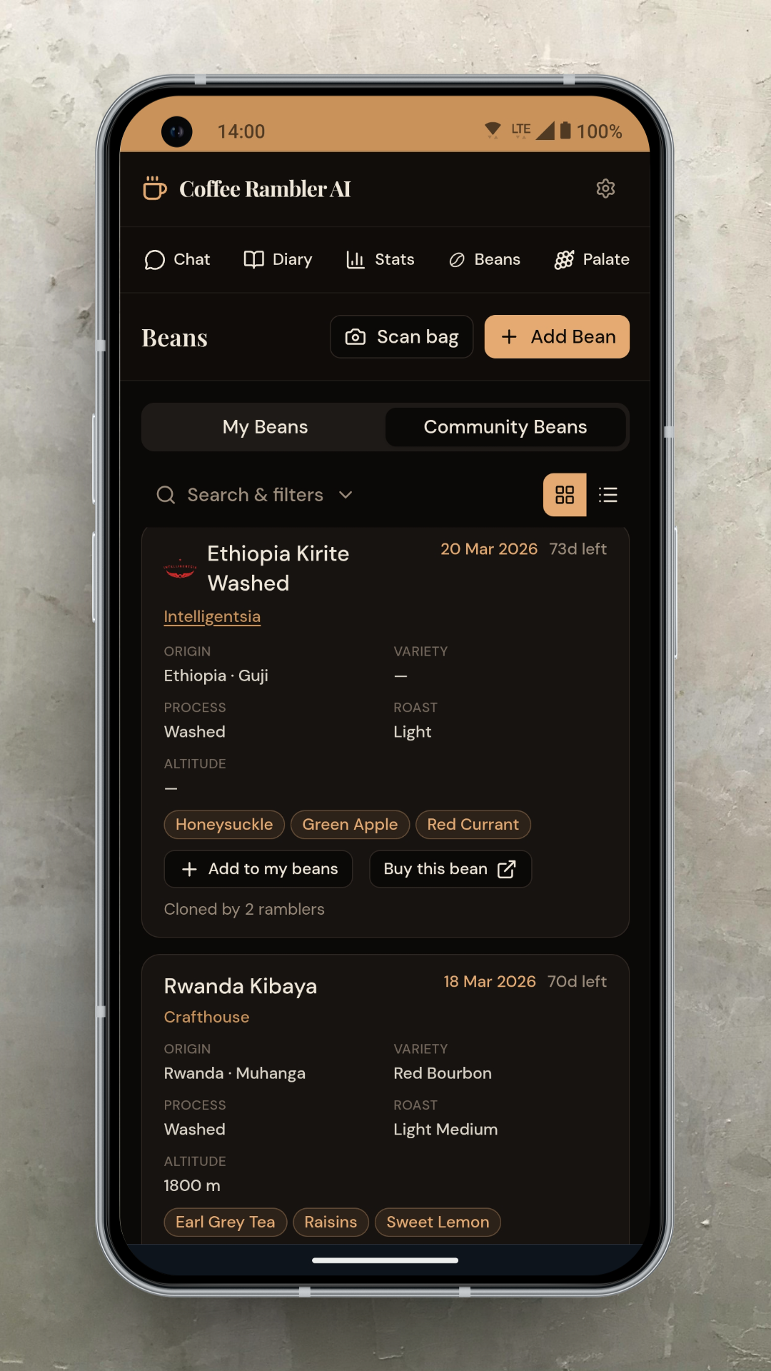 Community beans mobile view