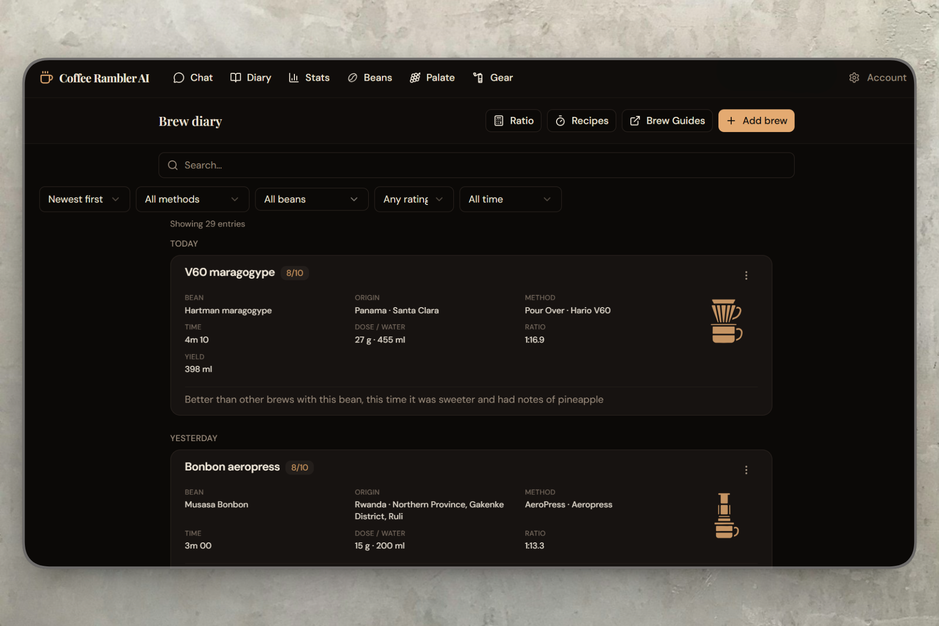 Brew diary desktop view