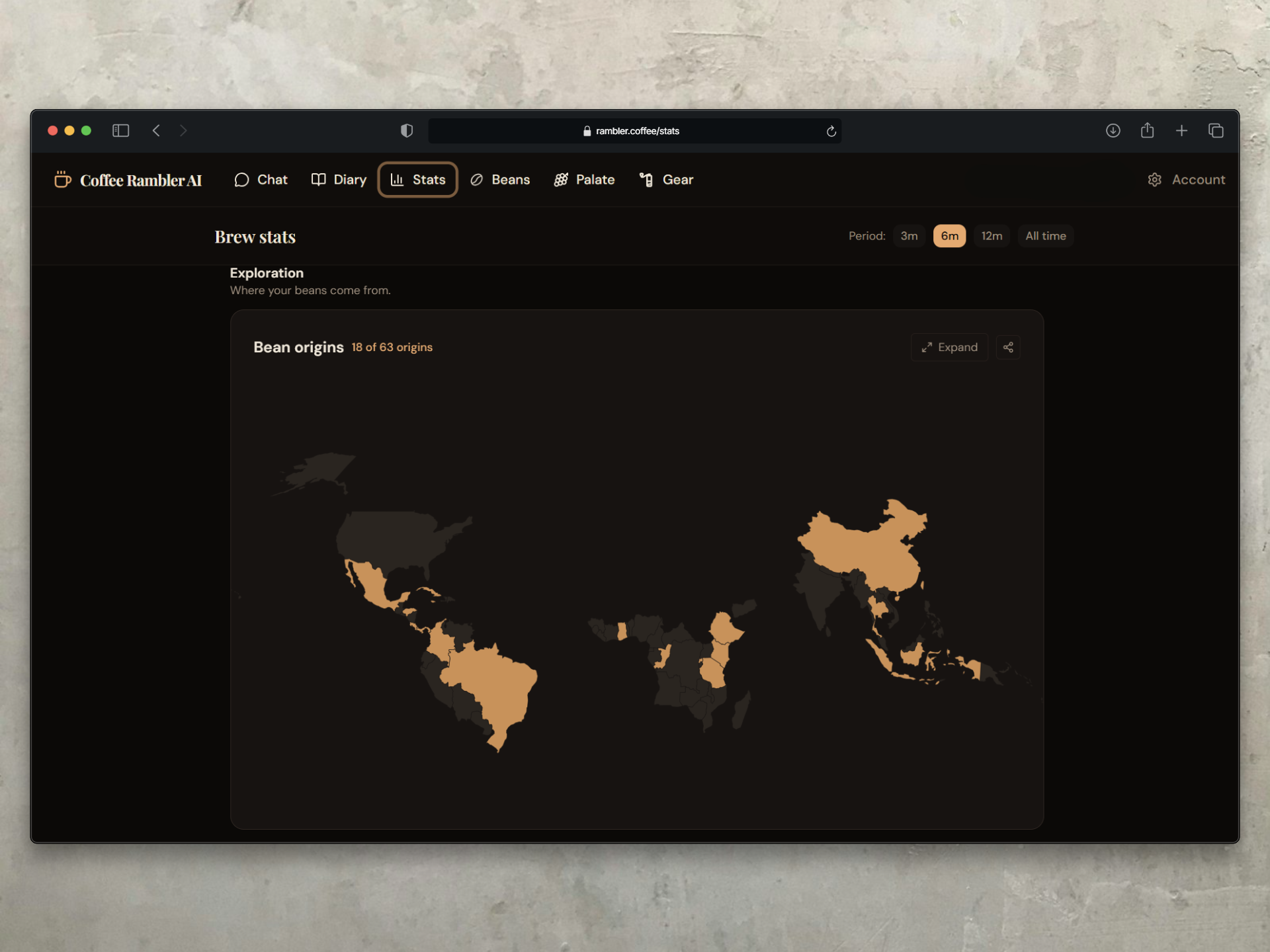 Coffee bean origins map on desktop